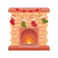 Fireplace with christmas decorations. Christmas fireplace with  socks for gift. Flat vector illustration