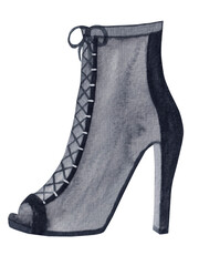 Watercolor illustration in dark colors, elegant black heeled shoes for high heels dancing isolated on white background.