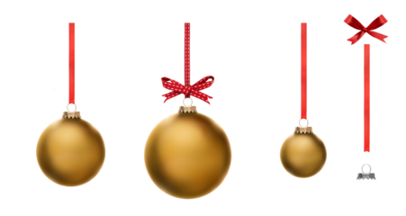 A collection of plain gold Christmas baubles hanging from red ribbon and bow isolated against a transparent background.