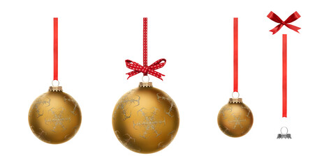 A collection of gold Christmas baubles hanging from red ribbon and bow with snowflake glitter...