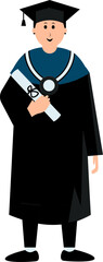 a male graduate wearing a black robe and toga with a blue line is standing holding a graduation letter
