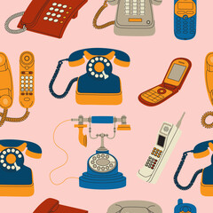 Seamless pattern of retro phones. Electronic modern wireless and vintage wired gadgets of different generation. Hand drawn vector illustration isolated on pink background. Modern flat cartoon style.