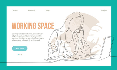 Coworking Space Landing Page Cartoon Template. Freelancers Team Working Online on Laptop. Business People Sharing Open Workspace. Outline Vector Illustration