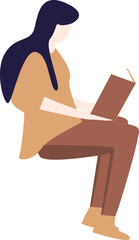 a woman who has long black hair wearing a brown shirt and trousers is sitting reading a book
