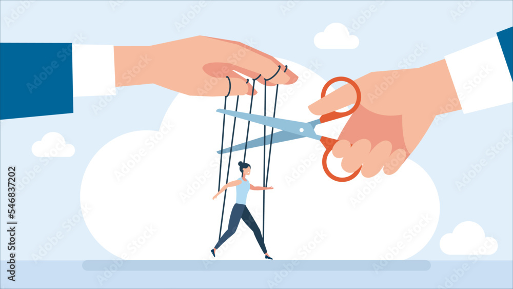 Aufkleber businessman use scissors to cut controlled strings puppet, giving it freedom. free from manipulation