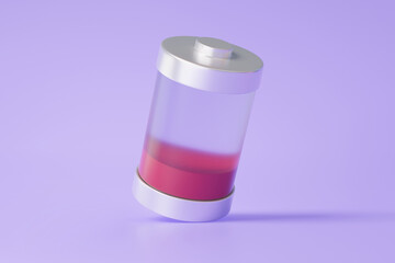 3D icon low battery red status isolated on purple background. Level battery energy, sign charge indicator lightning. Minimal cartoon style, 3d render. illustration