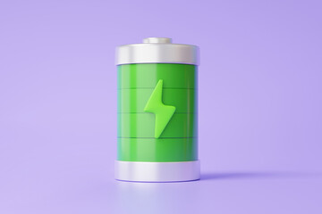 Minimal cartoon style 3D icon full battery green status isolated on purple background. Level battery energy, sign charge indicator lightning. 3d rendering. illustration