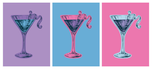 Set Colored Hand Drawn Sketch Cosmopolitan Cocktail Drinks Vector Illustration. Pop Art Style