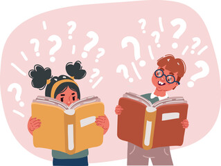 Vector illustration of Cute little boy and girl students reading a book together