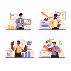 Sales performance people concept isolated scenes set. Men and women analyze financial statistics, develop successful marketing strategy, increase business profits. Illustration in flat design