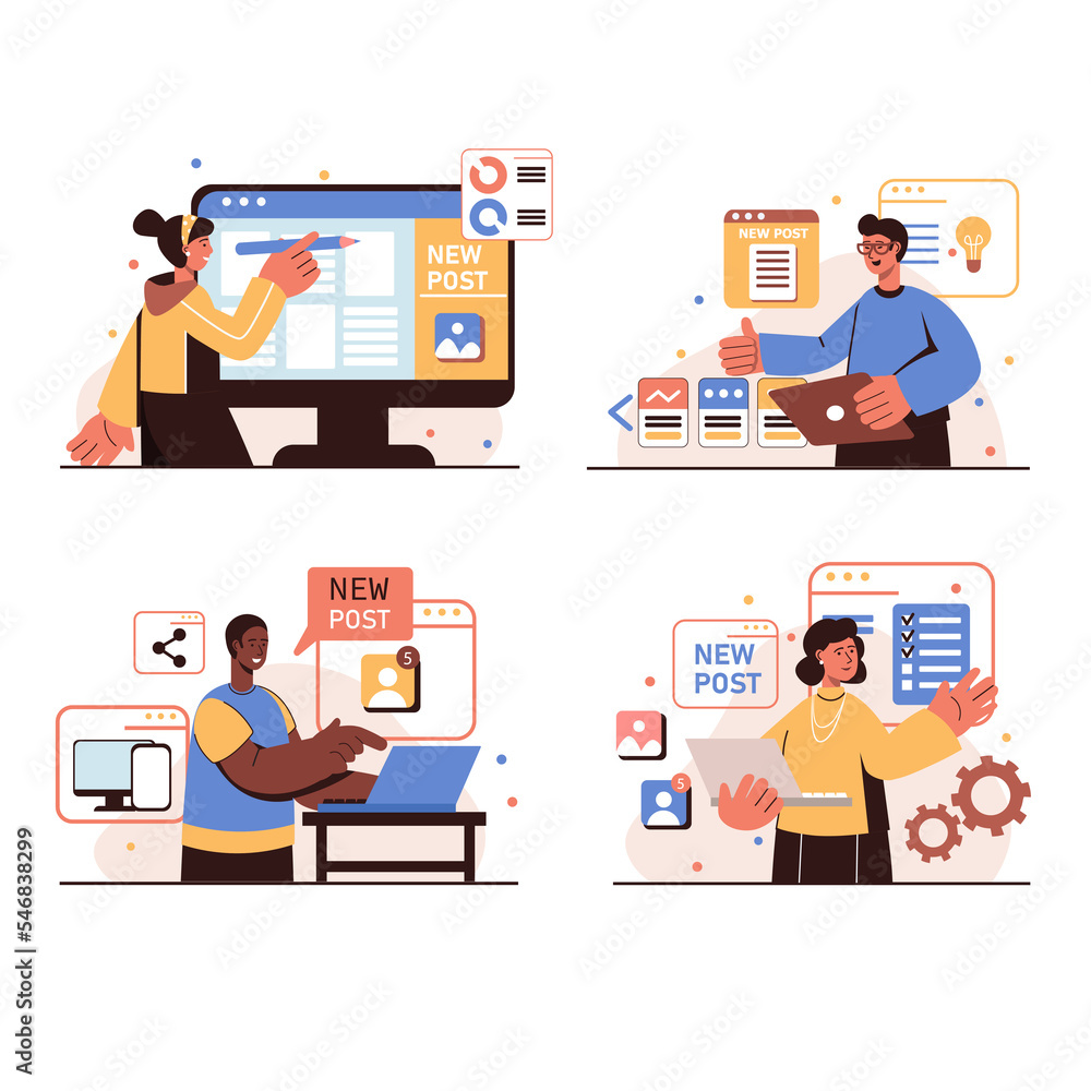 Poster content manager people concept isolated scenes set. men and women create texts and graphics for web 