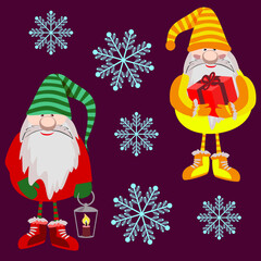 Vector gnomes with snowflakes, fir twigs or tree pattern.