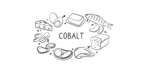 Cobalt-containing food. Groups of healthy products containing vitamins and minerals. Set of fruits, vegetables, meats, fish and dairy