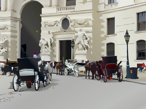 Illustrazione di arte digitale generata dall'intelligenza artificiale di carrozze con cavallo