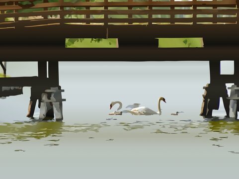 Illustrazione di arte digitale generata dall'intelligenza artificiale di cigni sotto un ponte di legno