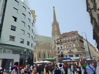 Illustrazione di arte digitale generata dall'intelligenza artificiale di piazza con chiesa