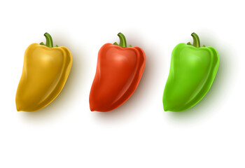 Vector Set of Colored Yellow Green and Red Sweet Bulgarian Bell Peppers, Paprika Isolated on White Background