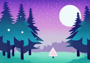 Magic nigh or evening landscape flat illustration. Shiny beautiful nature backdrop background, large size art print