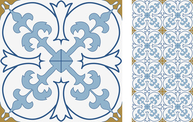 Seamless Azulejo tile. Portuguese and Spain decor. Ceramic tile with Victorian motives. Seamless Floral pattern. Vector hand drawn illustration, typical portuguese and spanish tile - 546840026