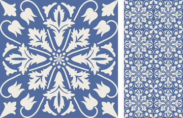 Seamless Azulejo tile. Portuguese and Spain decor. Ceramic tile with Victorian motives. Seamless Floral pattern. Vector hand drawn illustration, typical portuguese and spanish tile - 546840042