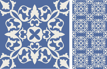 Seamless Azulejo tile. Portuguese and Spain decor. Ceramic tile with Victorian motives. Seamless Floral pattern. Vector hand drawn illustration, typical portuguese and spanish tile - 546840045