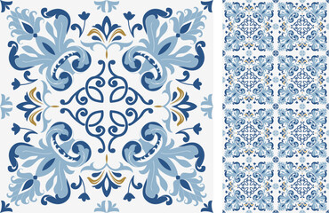 Seamless Azulejo tile. Portuguese and Spain decor. Ceramic tile with Victorian motives. Seamless Floral pattern. Vector hand drawn illustration, typical portuguese and spanish tile - 546840071