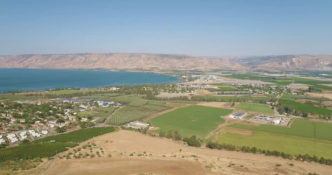 Aerial View of a lake in rural area, Alumot, Sea of Galilee, Israel.