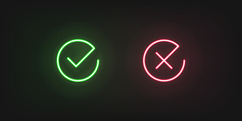 Checkmark and cross neon vector illustration. Check icon glowing light.