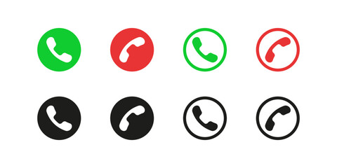 Phone call vector icon set. Pick up the phone, hang up buttons collection. Cellphone symbol, service line connection button.