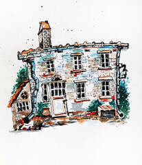 A bright colorful house. Modern sketch painted with watercolor
