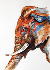 A big red-blue elephant. Watercolor painting of an African elephant 