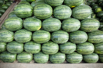 Group of fresh organically grown watermelons in the market.