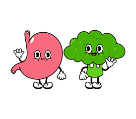 Cute, funny happy stomach and broccoli character. Vector hand drawn cartoon kawaii characters, illustration icon. Funny cartoon stomach and broccoli friends concept