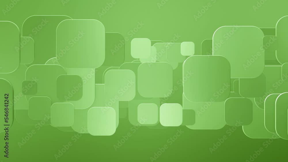 Poster geometric vibrant green background with rounded squares moving horizontally, 3d abstract looping ani