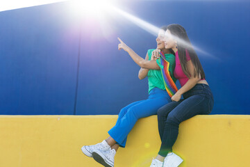  Beautiful lesbian young couple enjoy outside. LGBT community.