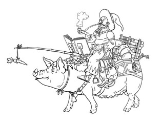 Good magician on the funny pig. Coloring page with the magician. Coloring template with wizard.