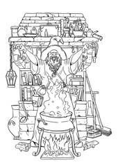 Alchemist and magician brews a magic potion. Coloring template with wizard.