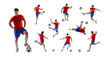 Fototapeta na wymiar Collage of movements of young man, professional male soccer, football player in motion, training isolated over white background.