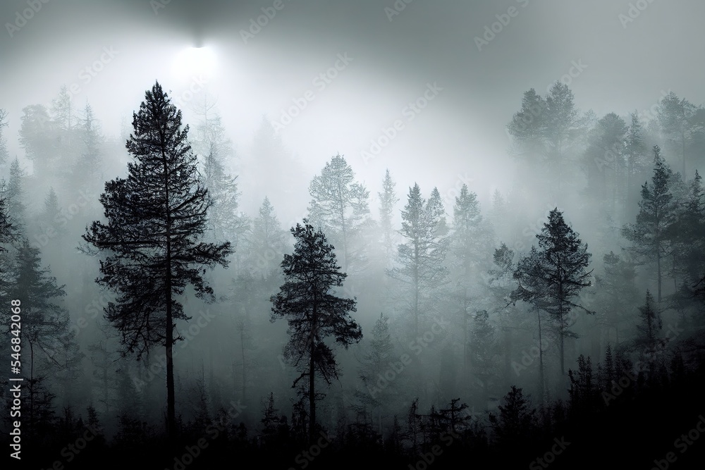Poster trees in counter light in a dark forest