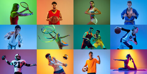 Collage. People, atheletes of different age doing various sports isolated over mulricolored background in neon.