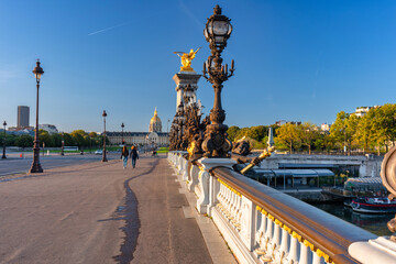 Architectural details of the Pont Alexandre III bridge over the Seine river, Paris. France