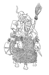 Old witch with the broom and terrible cat. Coloring template with wizard.