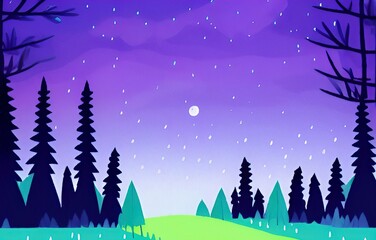 Magic nigh or evening landscape flat illustration. Shiny beautiful nature backdrop background, large size art print