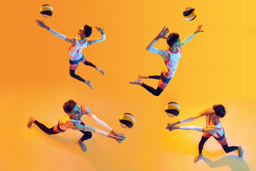Collage. Young man, beach volleyball player in motion, training, playing isolated on yellow studio background in neon light