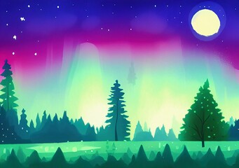 Magic nigh or evening landscape flat illustration. Shiny beautiful nature backdrop background, large size art print