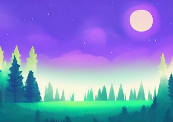 Magic nigh or evening landscape flat illustration. Shiny beautiful nature backdrop background, large size art print