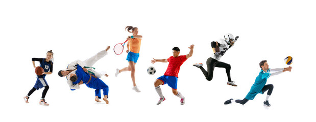 Collage. Different people, sportsmen in action, playing, training isolated over white background. Basketball, football, tennis, karate, volleyball