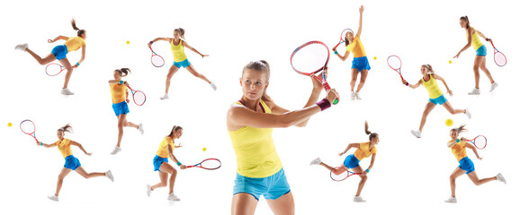 Collage. Sportive woman, professional tennis player hitting ball with racket, training isolated over white studio background