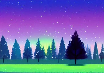 Magic nigh or evening landscape flat illustration. Shiny beautiful nature backdrop background, large size art print