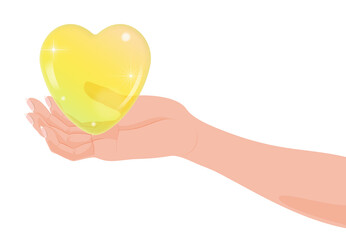 Fototapeta premium Heart in hand transparent background A yellow heart placed on top of a woman's hand